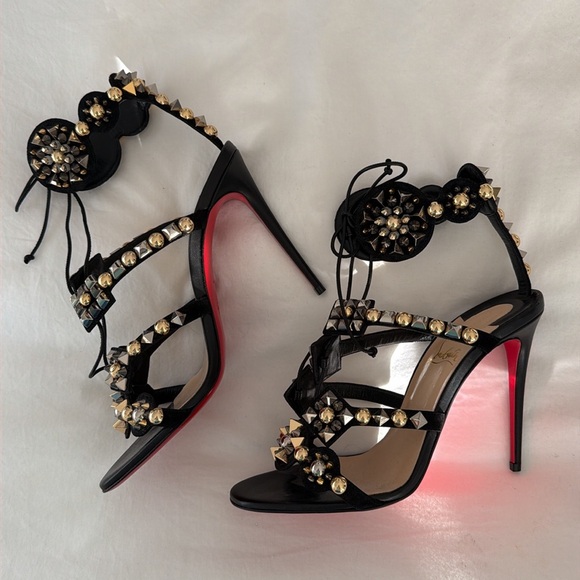 Christian Louboutin Kaleikita studded leather lace up sandals in black. - Picture 10 of 10